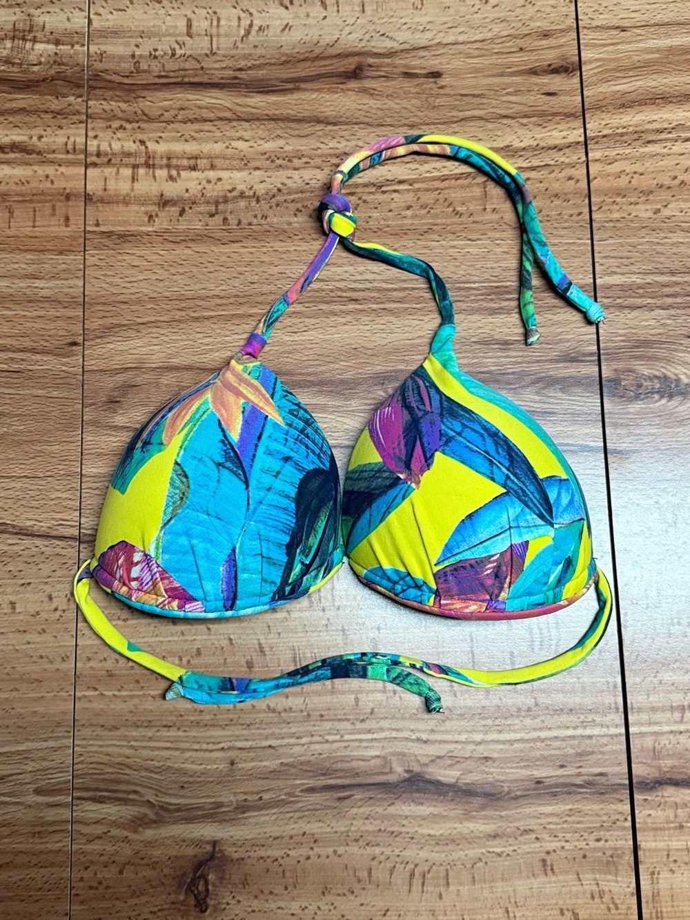 Women’s Tropical Leaf Print Padded Triangle Bikini Top - Yellow & Blue Swimwear